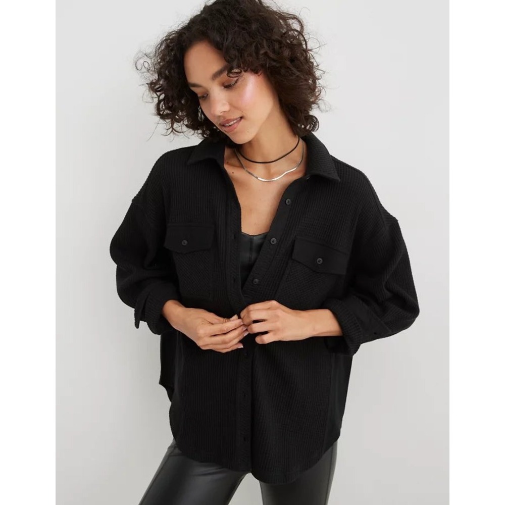 Aerie LumberJane Waffle Shirt Small Black Oversized Gorpcore Granola Minimal